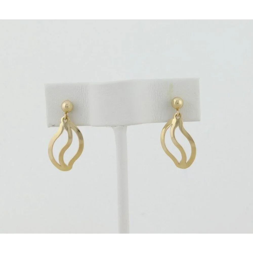 14k Yellow Gold Wave Earrings Modernist Dangle Drop - Picture 3 of 7